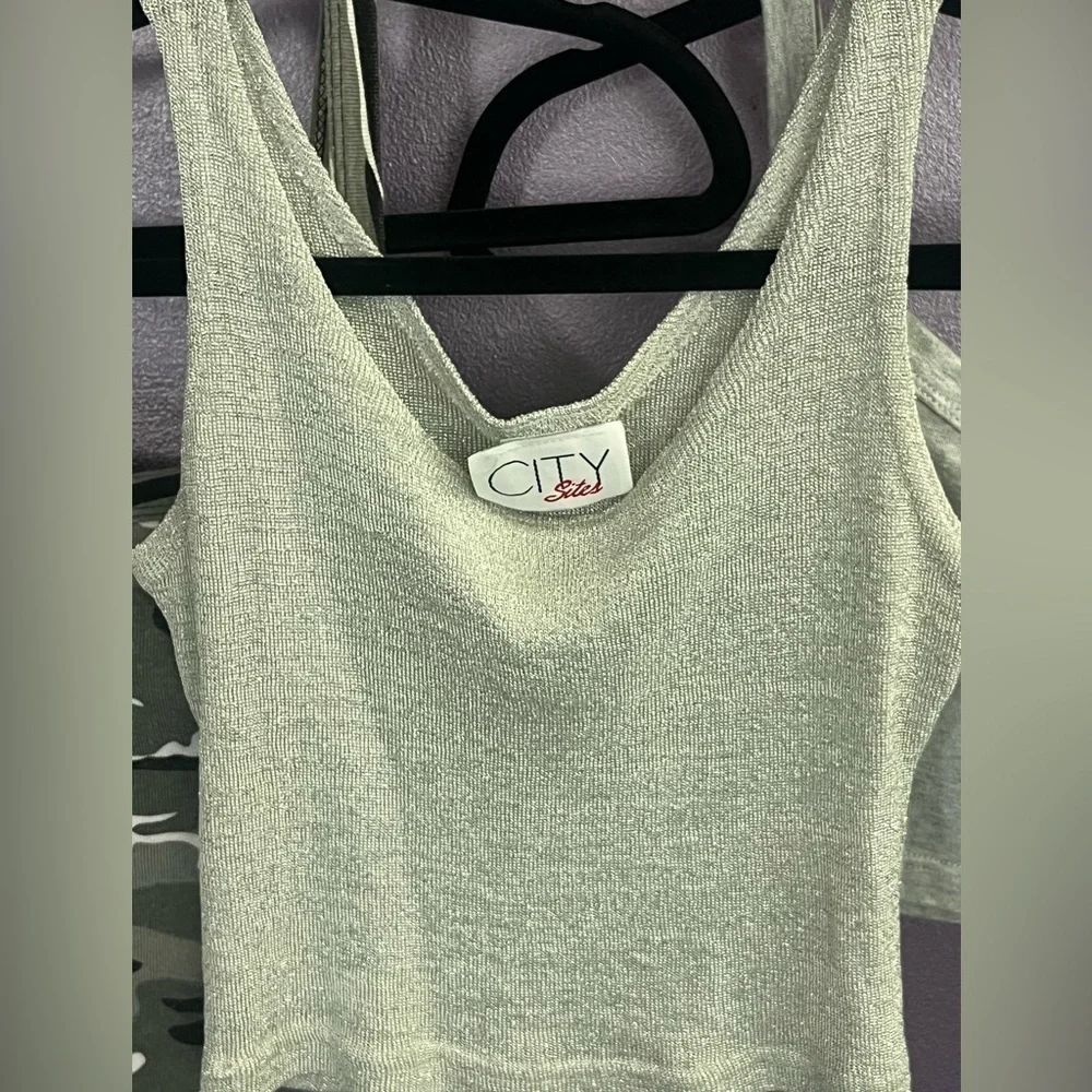 THREE Camouflage silver gray Vintage Tank Top Tee Cami stretch short crop shirt - Picture 2 of 8